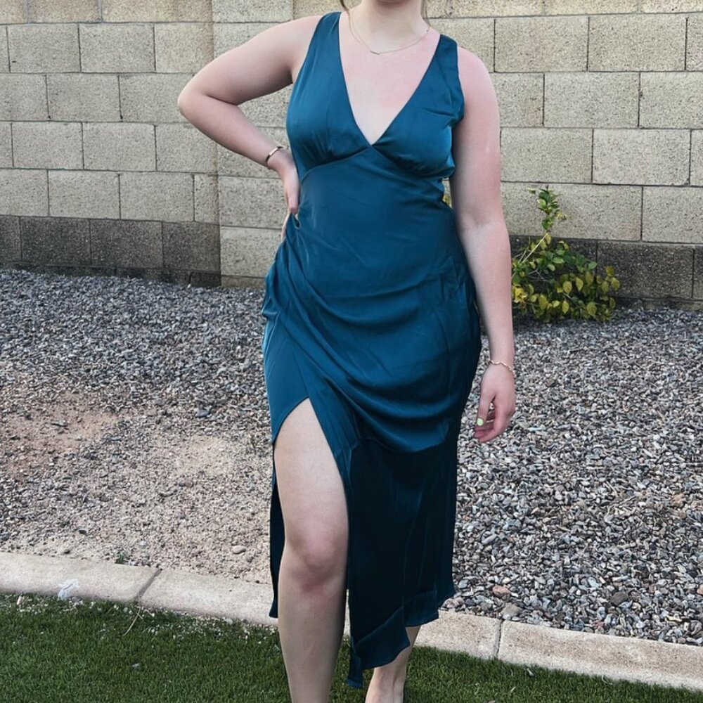 Showpo Blue Midi Satin Dress with Slit and Tie Size 6 (US)